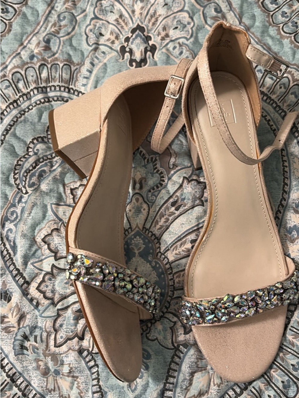 Nude Crystal-Embellished Block Heel Sandals with Ankle Strap